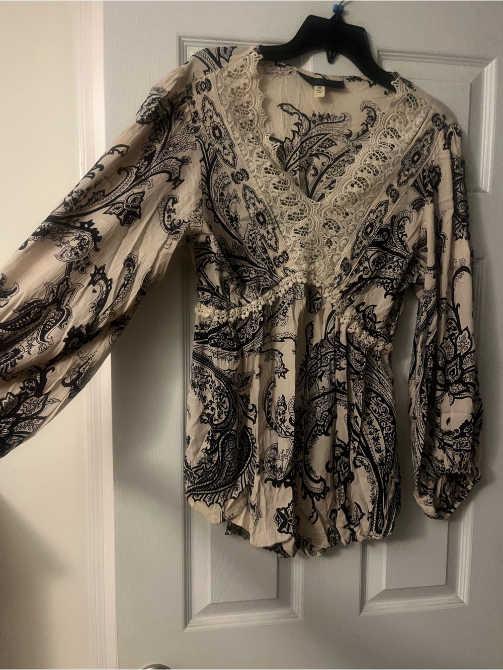 Boho Lace-Trim Paisley Blouse - Cream & Navy- Francesca’s